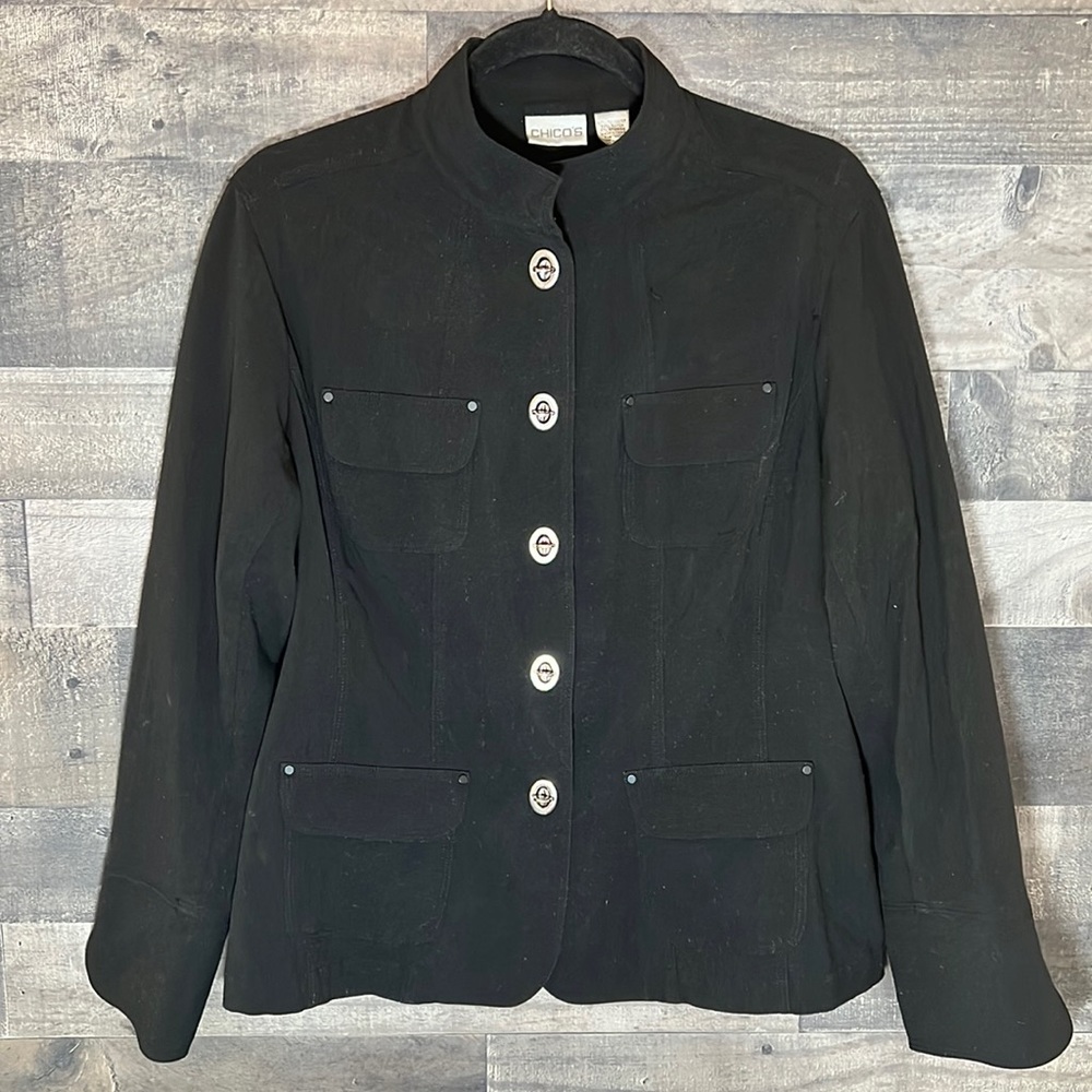 Black Chico’s Jacket with Silver Fasteners Size 1